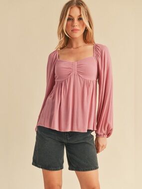Aemi + Co Ruched Sweetheart Neck Balloon Sleeve Blouse